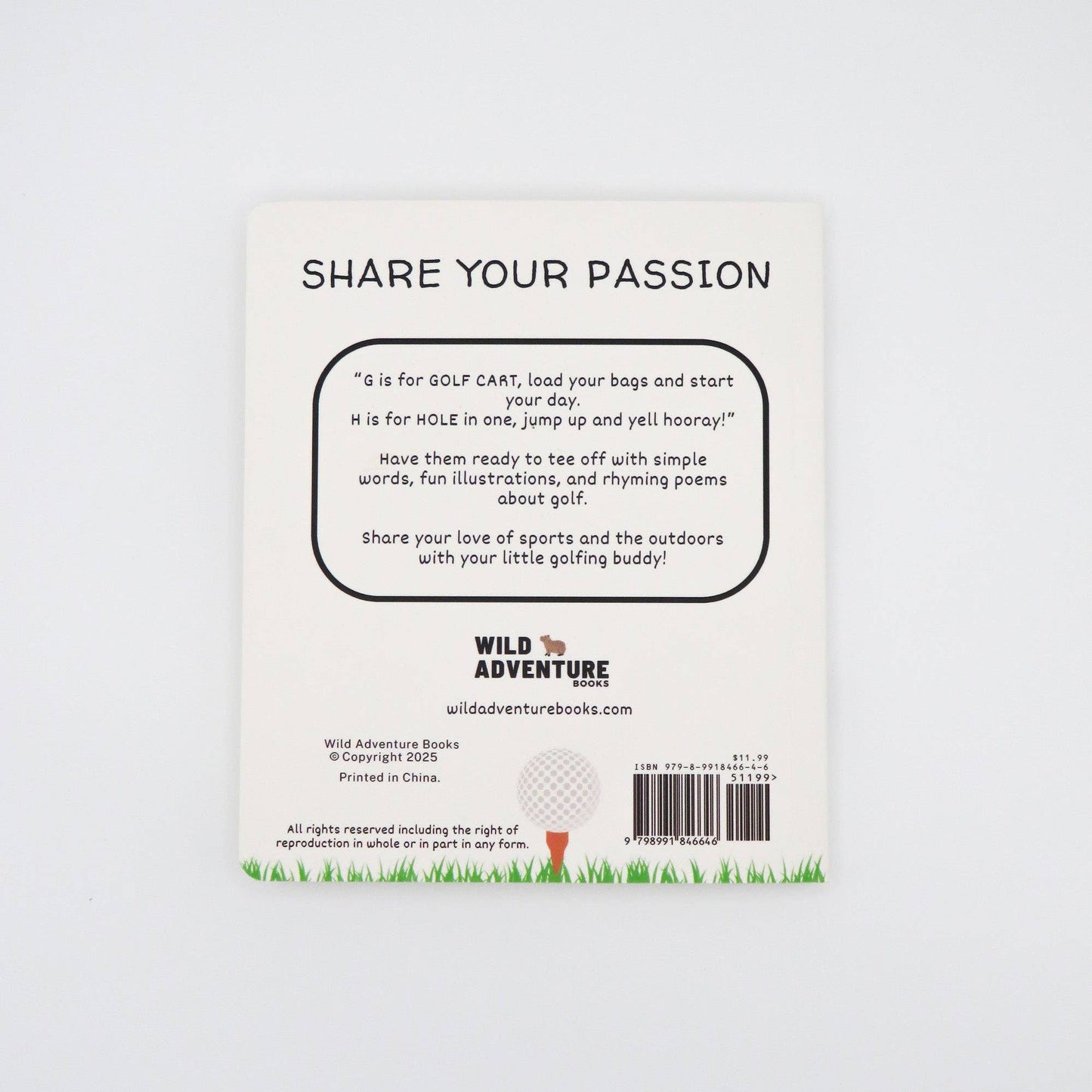 Back cover of The ABCs of Golf board book by Wild Adventure Books, featuring playful text and golf-themed illustrations for babies and toddlers.