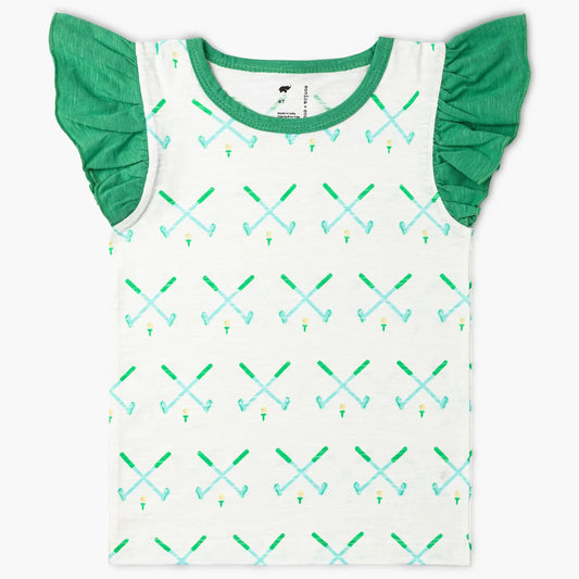 White shirt with green ruffle sleeves. Green and blue crossed golf club pattern all over.