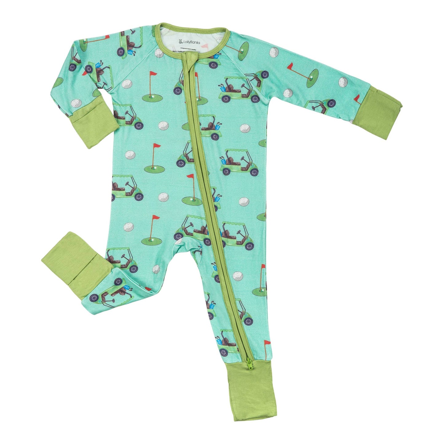 Golf-themed bamboo baby romper with two-way zipper, featuring golf carts, flags, and balls on a teal background with green cuffs.