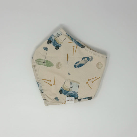 Neutral bamboo golf bandana bib with golf cart and tee print, soft fabric and minimalist design