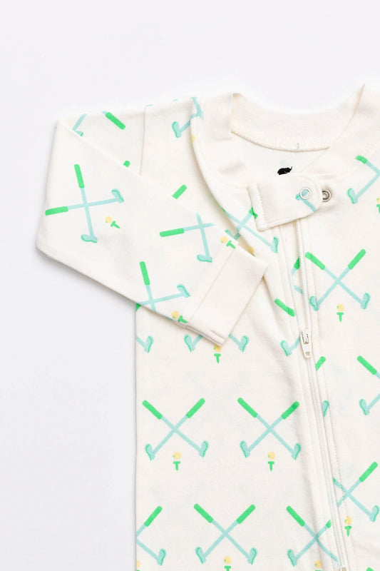 White golf themed sleeper with long sleeves and a blue and green crossed golf club pattern. Zipper and snap closure at the top.