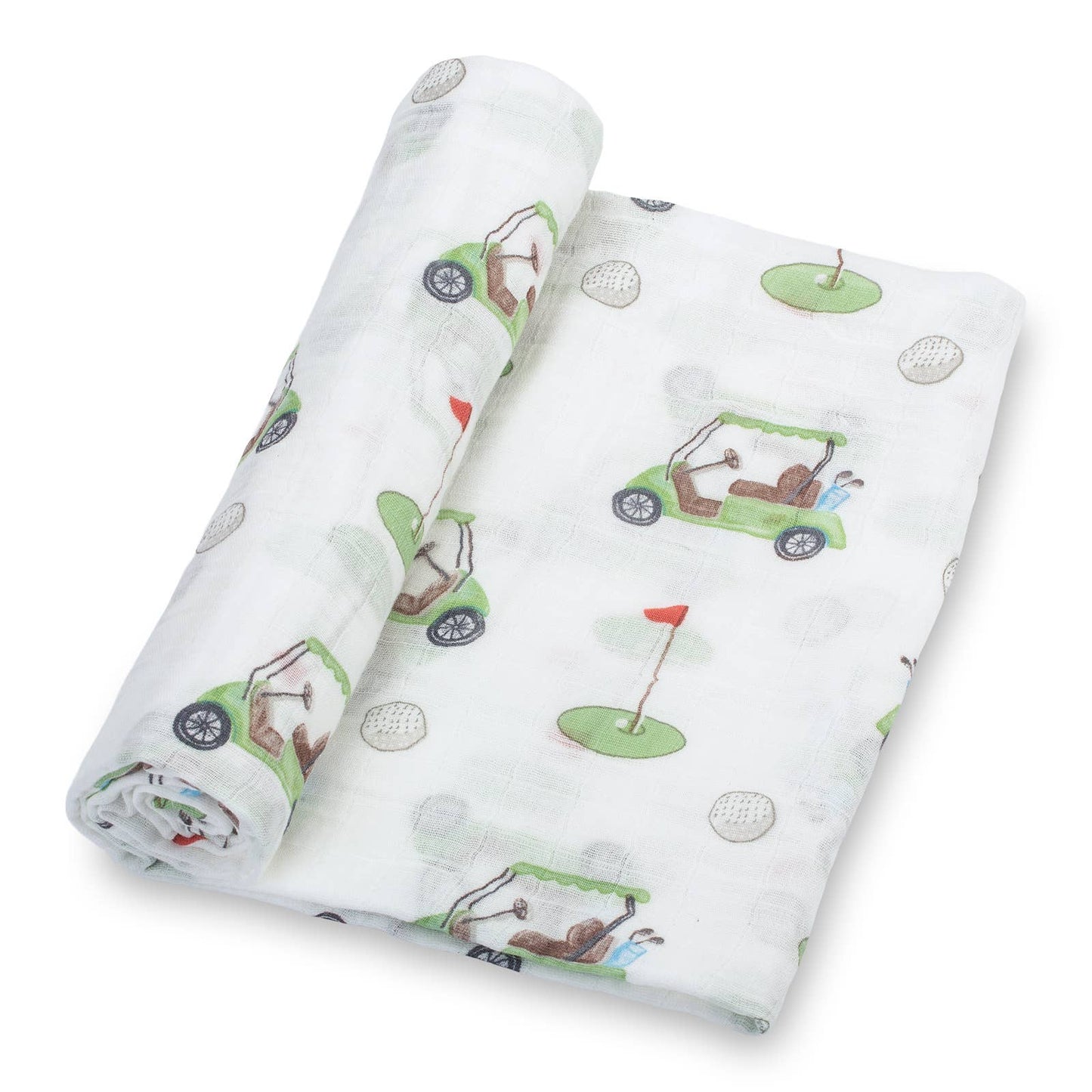 Golf-themed muslin baby blanket with green golf carts, flags, and golf balls on soft white cotton fabric, lightweight and breathable for babies and toddlers.