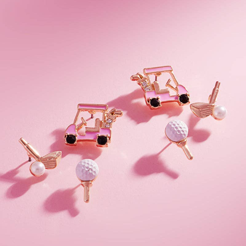 Set of 3 golf themed earrings. A pink golf cart with black wheels and gold trim, a gold golf club and a pearl golf ball, a white golf ball on a gold tee.