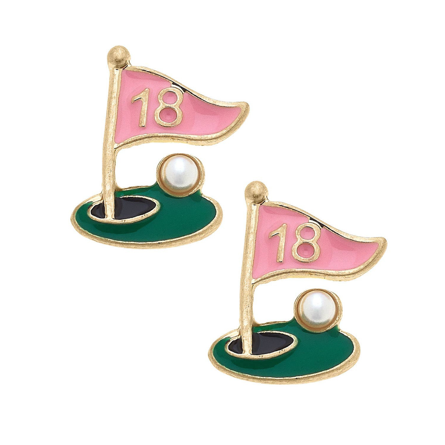 Earrings featuring a pink pin flag with gold 18 on it. The earrings also feature a green and hole with a pearl ball.