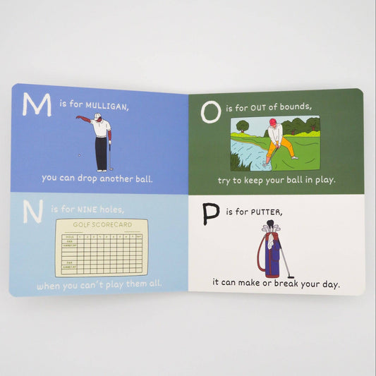 Interior pages of The ABCs of Golf board book showing colorful illustrations for Mulligan, Out of Bounds, Nine Holes, and Putter with simple rhyming text.