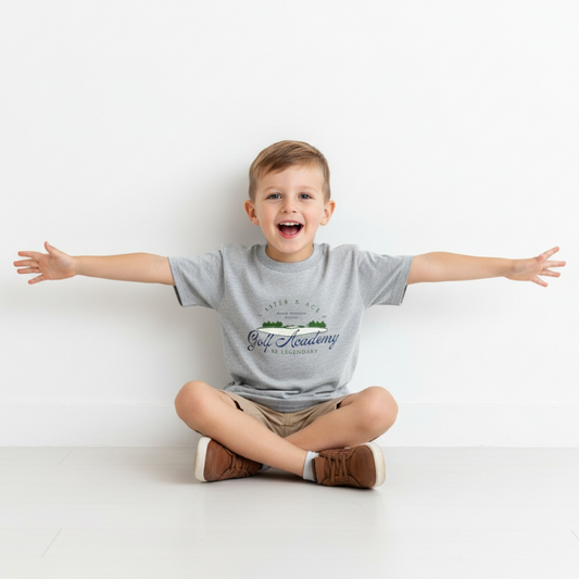 Aster and Ace kids golf t-shirt in heather gray worn by a smiling young boy sitting cross-legged with arms outstretched, featuring the Golf Academy graphic on the front