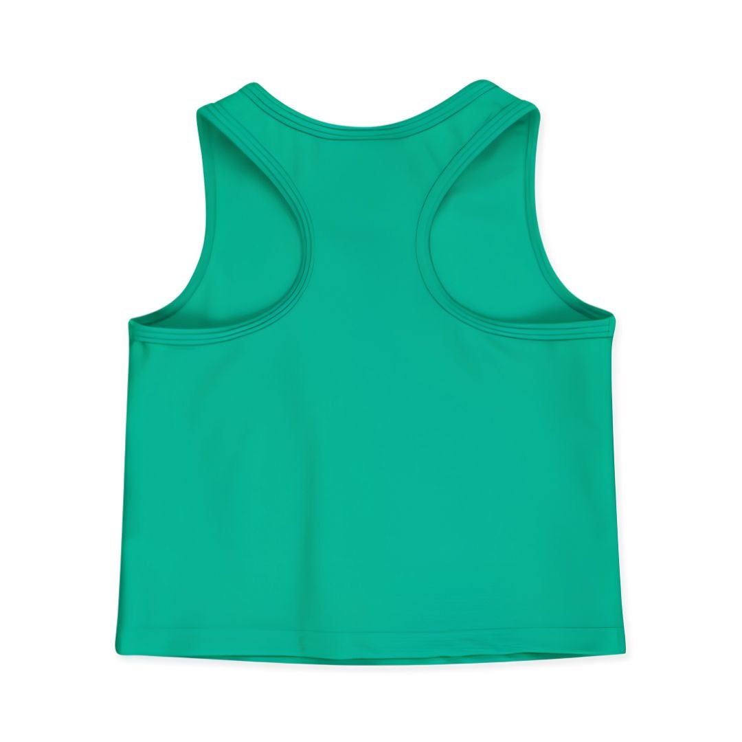 Bright green activewear tank with racerback shot from the back