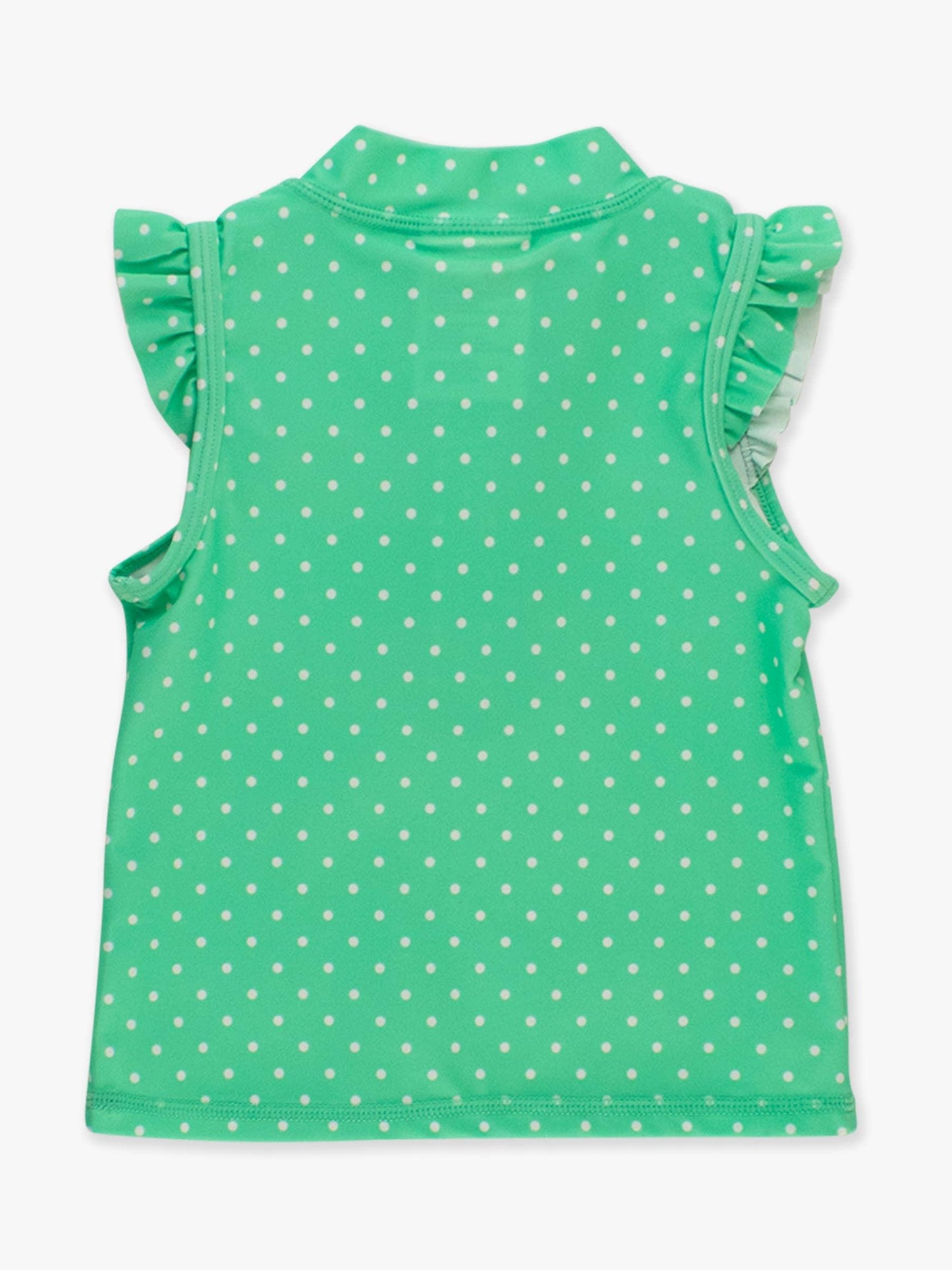 Girls green athletic top with polka dots and ruffle sleeves back