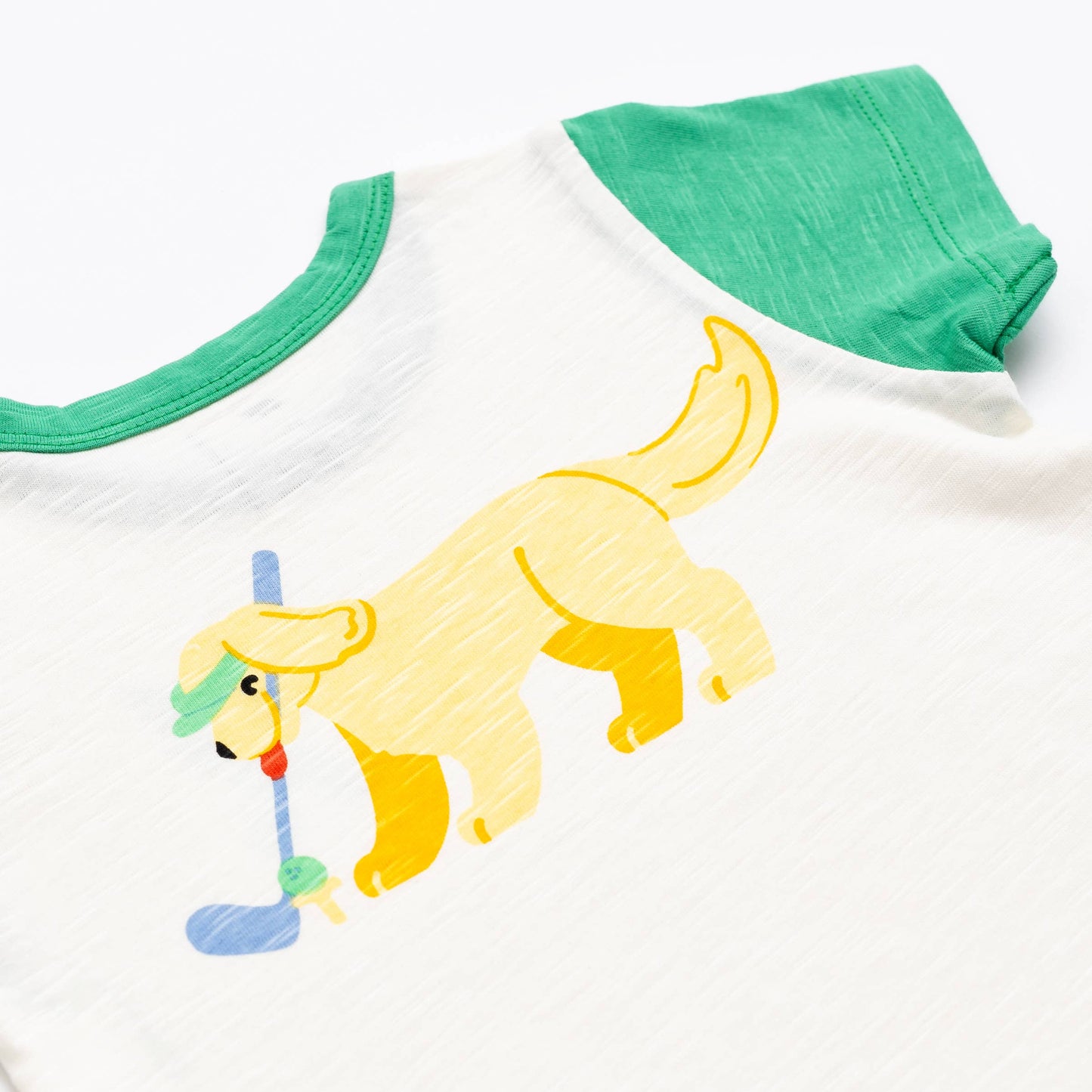 back detail kids golf tshirt with dog holding a golf club