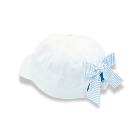 girls golf hat back view with blue and white seersucker bow