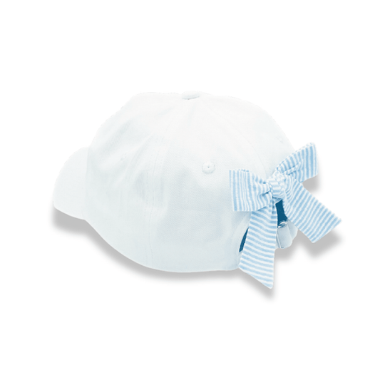 girls golf hat back view with blue and white seersucker bow