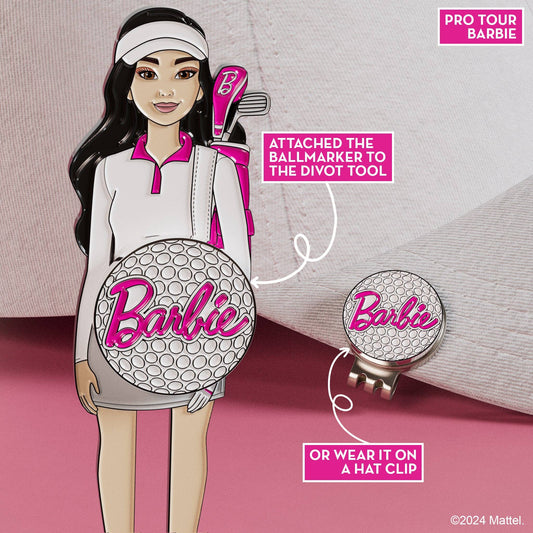 Barbie golf ball marker magnetically attached to divot tool and shown on removable hat clip for easy access during play