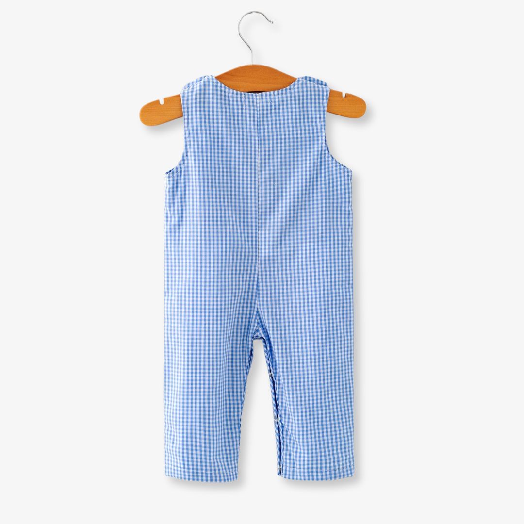 Full back view of blue plaid baby boy baseball romper on hanger