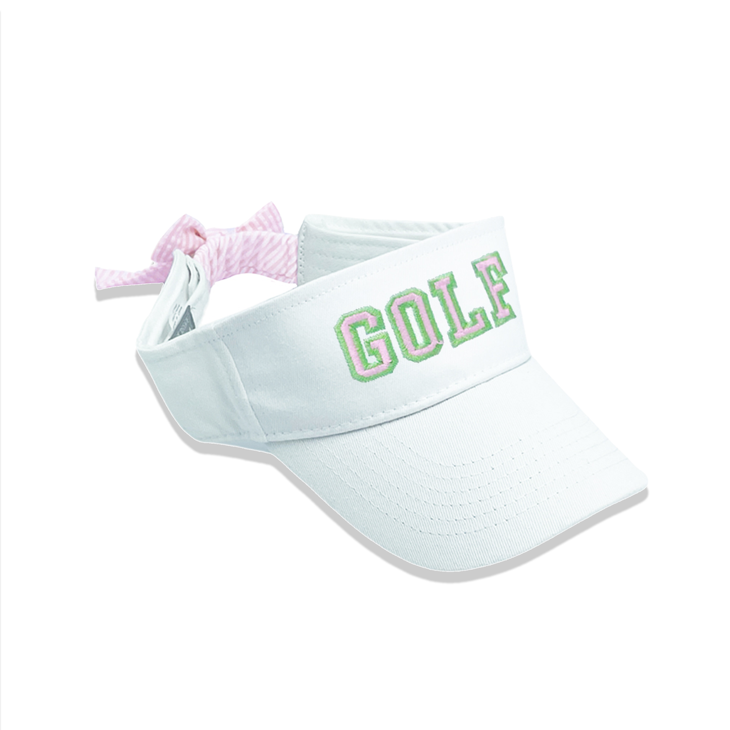 girls golf sun visor white with green golf lettering and a pink seersucker bow