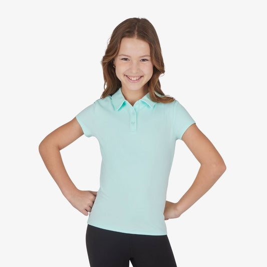 Girls Lux Short Sleeve Polo in Ocean Tide front view