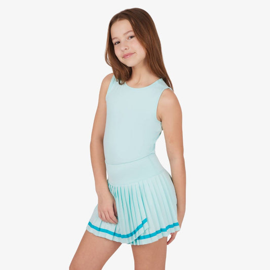 Girls sleeveless tank and pleated tennis skirt set in light blue, front view