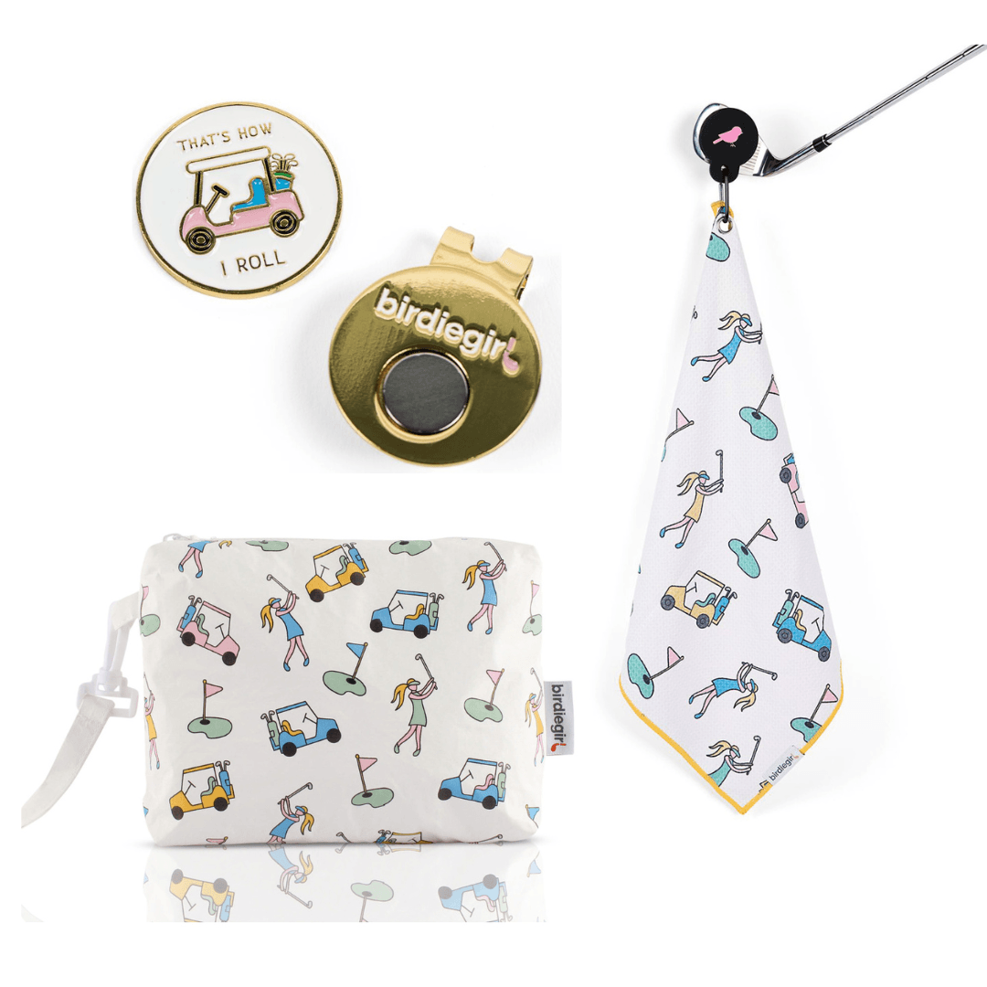Golf-themed accessories including a hat clip, pouch, and a magnetic towel featuring golf pattern with girls holding golf clubs, golf carts, and pins.