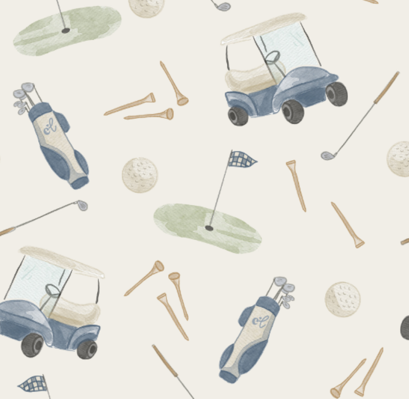 Golf-themed pattern featuring illustrated golf carts, clubs, flags, tees, and balls on a neutral background for children’s apparel.