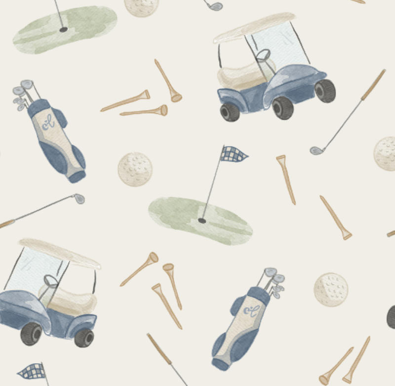 Golf-themed pattern featuring illustrated golf carts, clubs, flags, tees, and balls on a neutral background for children’s apparel.