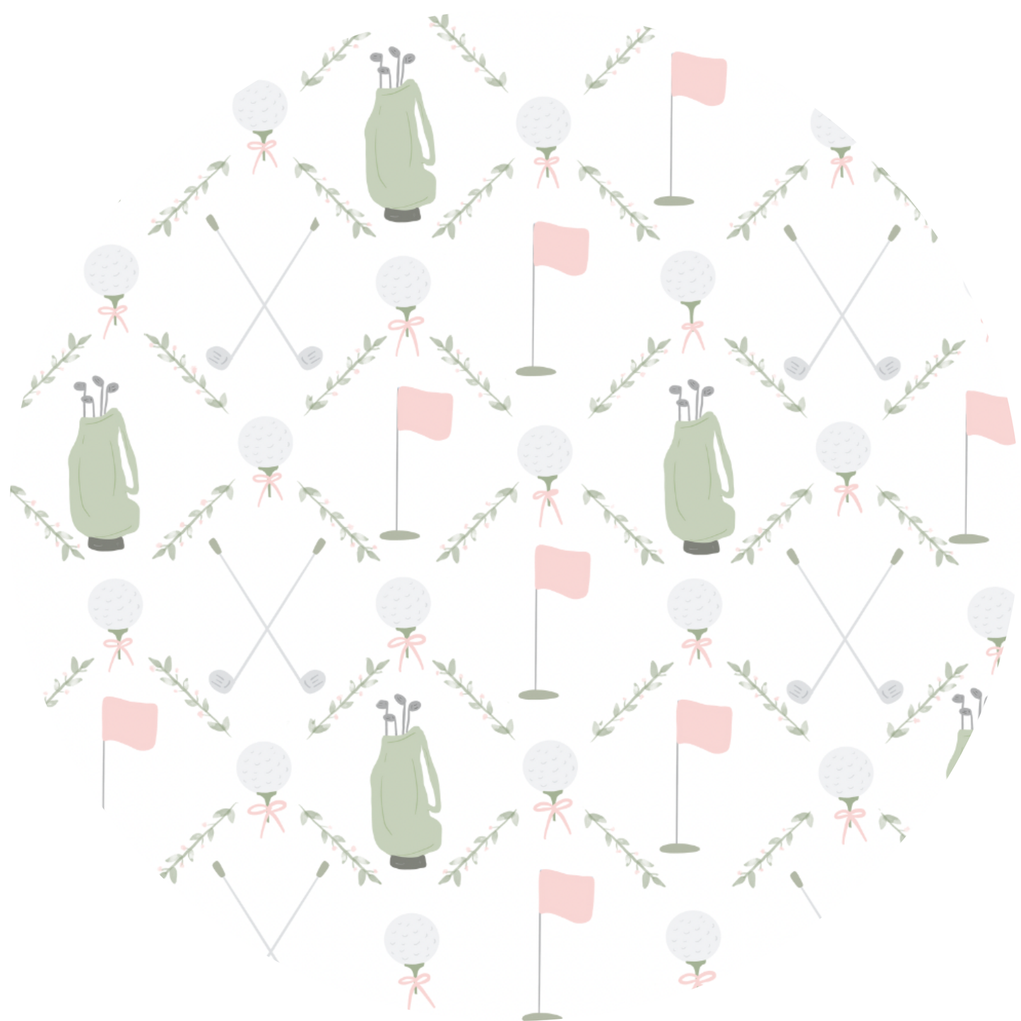 girls golf pajamas pattern. croseed golf clubs, green golf bags, golf balls on tees with bows