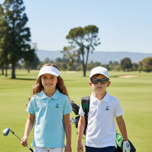 Kids wearing golf pin polo shirts on a golf course with clubs