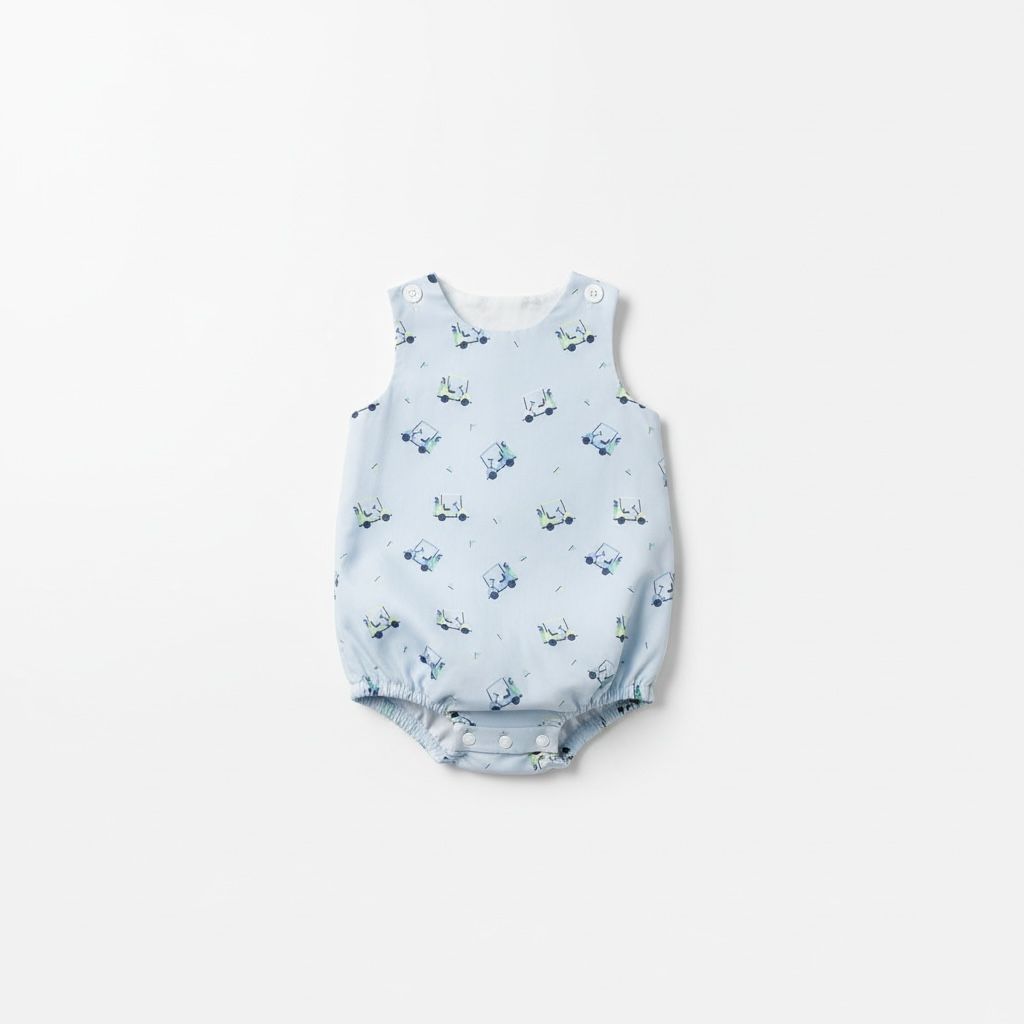 Blue golf cart print baby playsuit from the Tatum Collection, sleeveless cotton romper for special occasions