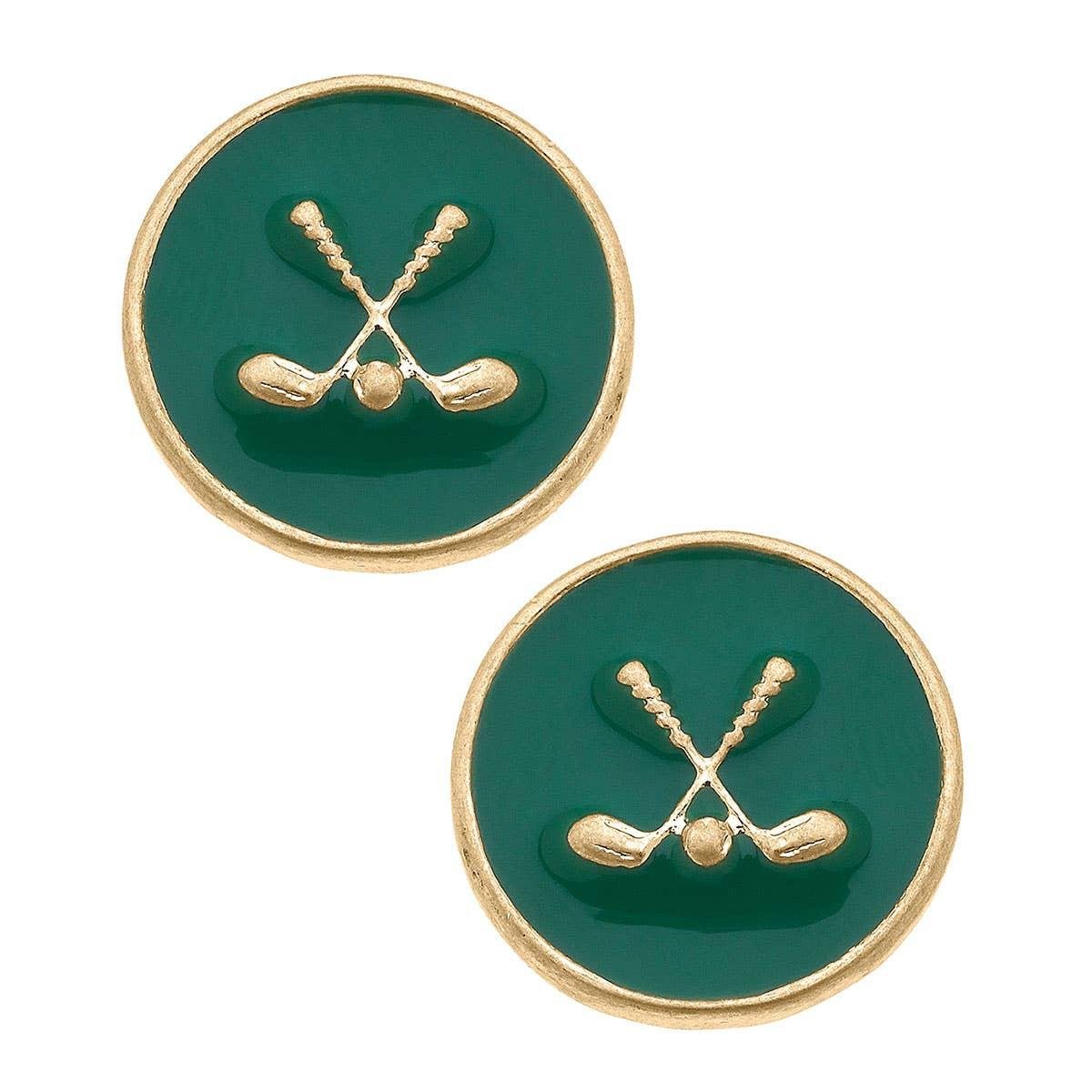 Round, green golf earrings with gold trim and golf crossed golf clubs.