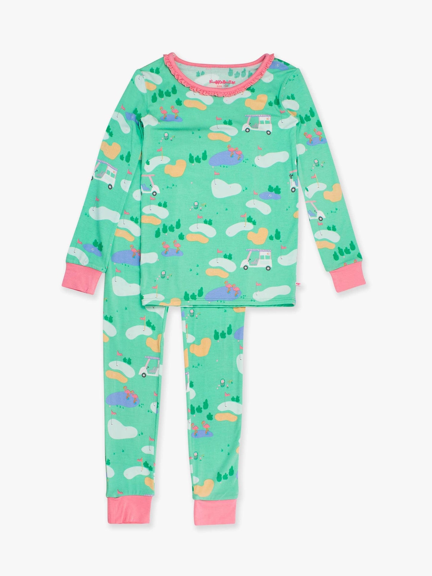 Green golf course theme sleepwear. Water feature with pink flamingos, trees, golf carts, bunkers. Pink trim on neck, wrists, ankles.