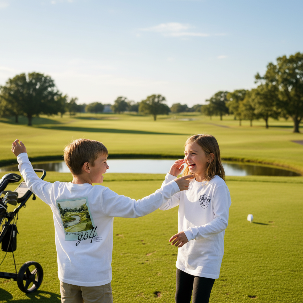 Two children laughing on a golf course wearing white Aster and Ace “Happiness Is Golf” long sleeve youth tees, with the illustrated golf design on the back.