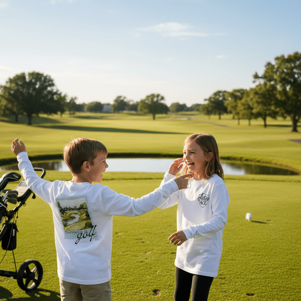 Two children laughing on a golf course wearing white Aster and Ace “Happiness Is Golf” long sleeve youth tees, with the illustrated golf design on the back.