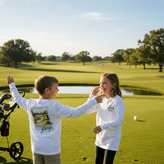 Two children laughing on a golf course wearing white Aster and Ace “Happiness Is Golf” long sleeve youth tees, with the illustrated golf design on the back.