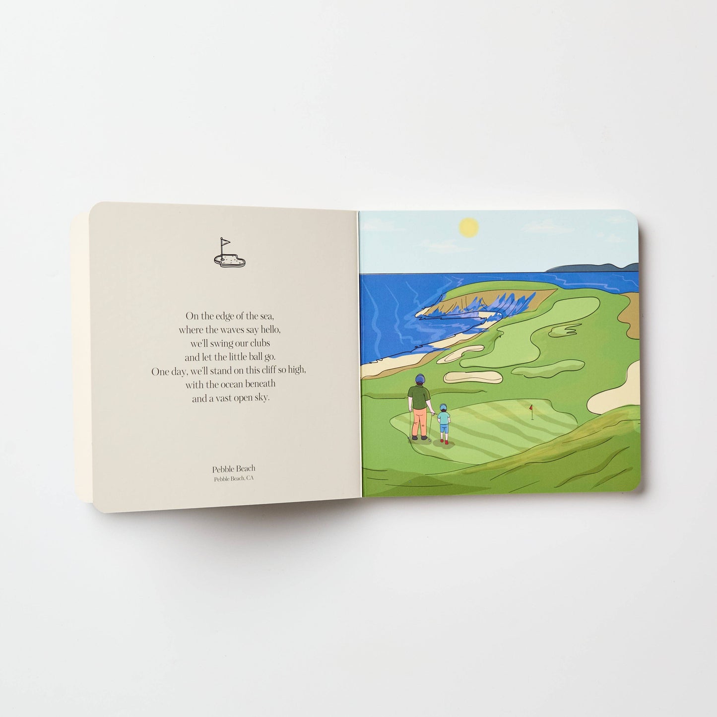 Inside of the kids golf book Adventures on the Green. Book is open with text on one side and an illustrated picture of a golf course and father and child on the other.