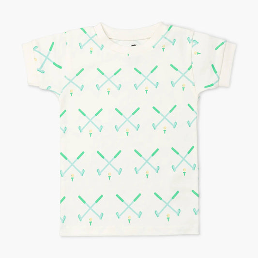 childrens white short sleeve pajama shirt with green golf pattern