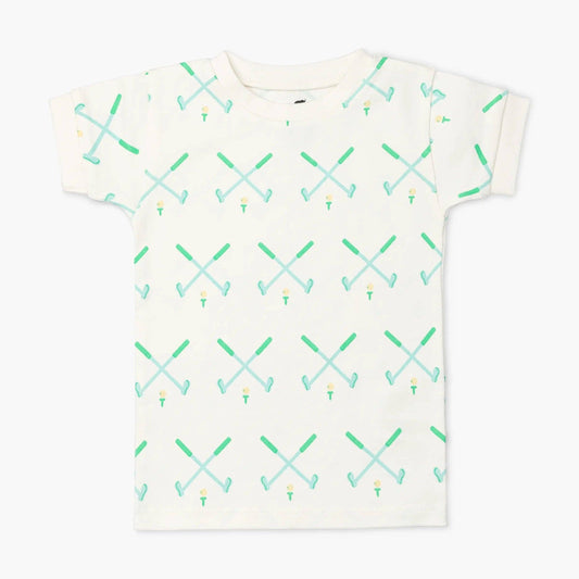 childrens white short sleeve pajama shirt with green golf pattern