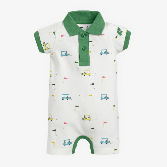 Baby romper with green collar and patterned golf design on a white background