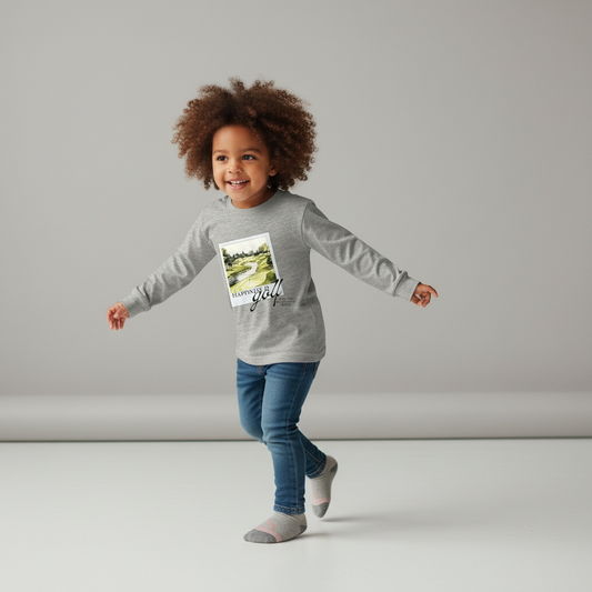 Toddler wearing an Aster and Ace “Happiness Is Golf” long sleeve shirt, smiling and running on a white background.