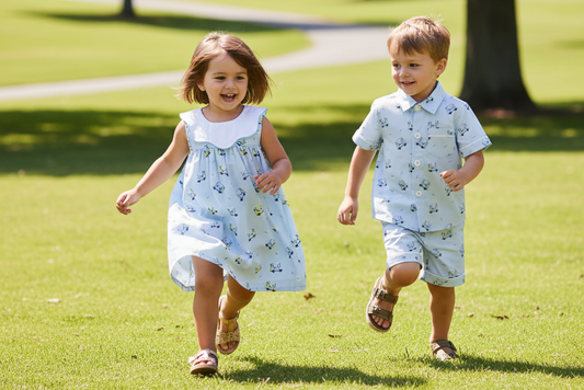 Brother and sister running together in coordinated Tatum Collection outfits on a sunny golf course