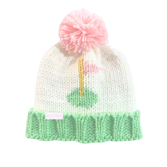 kids golf beanie with pink pin flag and pom and green trim