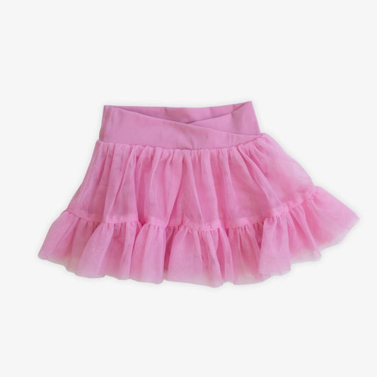 Ashlyn Athletic Skort in carnation pink with layered tulle overlay and built-in shorts for girls activewear