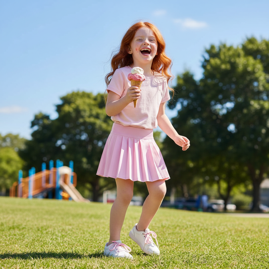 Girl wearing a pink jersey pleated skort while playing outdoors on grass and eating an ice cream cone