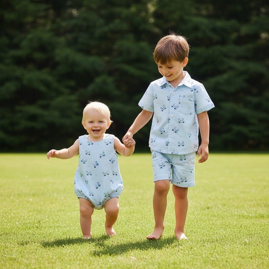 Toddler boys in matching blue golf outfits from the Tatum Collection walking hand in hand on a sunny golf course