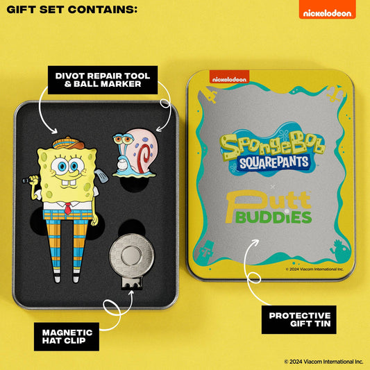 SpongeBob SquarePants divot tool gift set with Gary snail magnetic ball marker, hat clip, and protective tin on yellow background