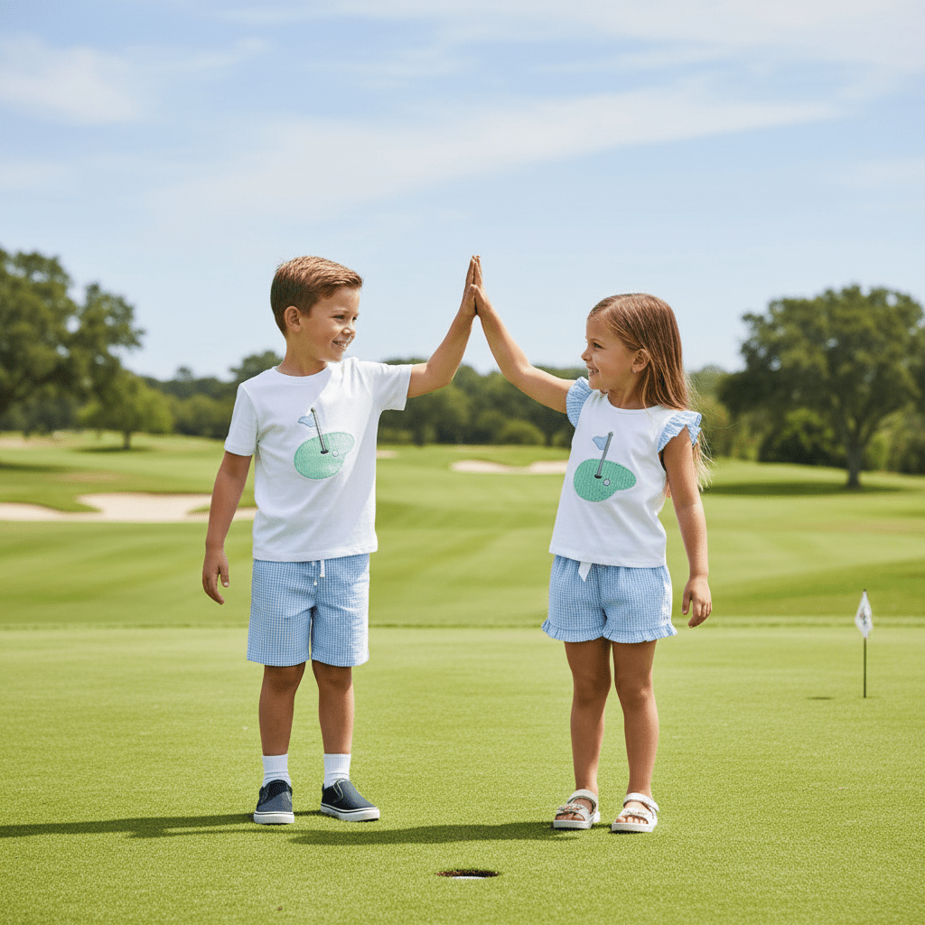 Brother and sister wearing coordinated Charleston Collection outfits, high-fiving on a sunny golf course