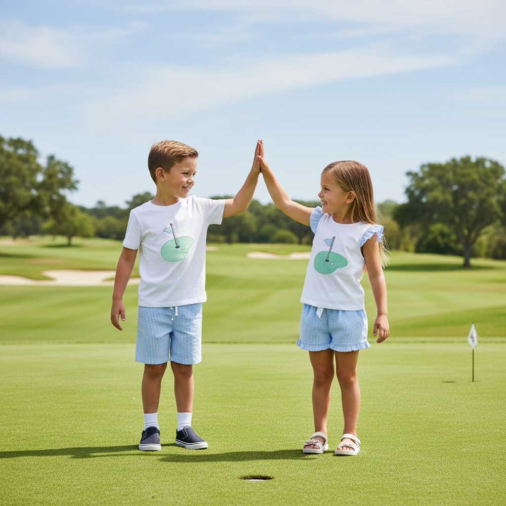 Brother and sister wearing coordinated Charleston Collection outfits, high-fiving on a sunny golf course
