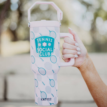 Light pink tumbler with 'Tennis Social Club' design in teal