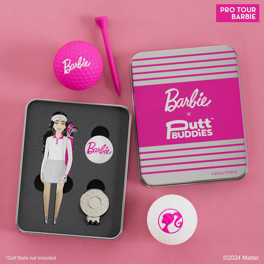 Club Pro Barbie divot tool and magnetic ball marker gift set displayed in protective tin with hat clip and pink Barbie branding