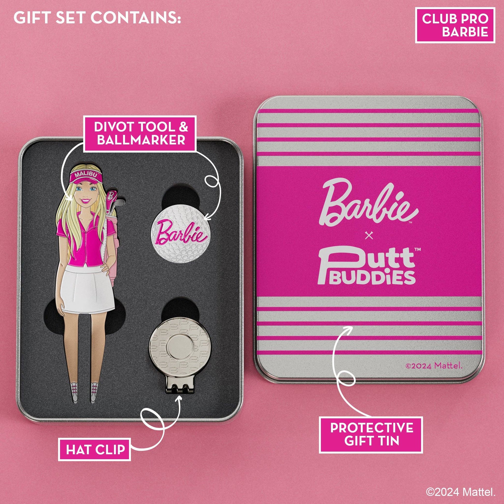 Club Pro Barbie golf accessory gift set with divot tool, ball marker, hat clip, and protective storage tin, styled in pink Barbie theme