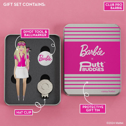 Club Pro Barbie golf accessory gift set with divot tool, ball marker, hat clip, and protective storage tin, styled in pink Barbie theme