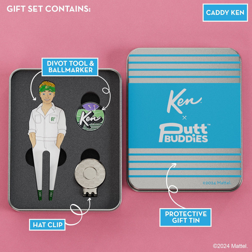 Caddy Ken golf divot tool gift set with ball marker, hat clip, and protective tin