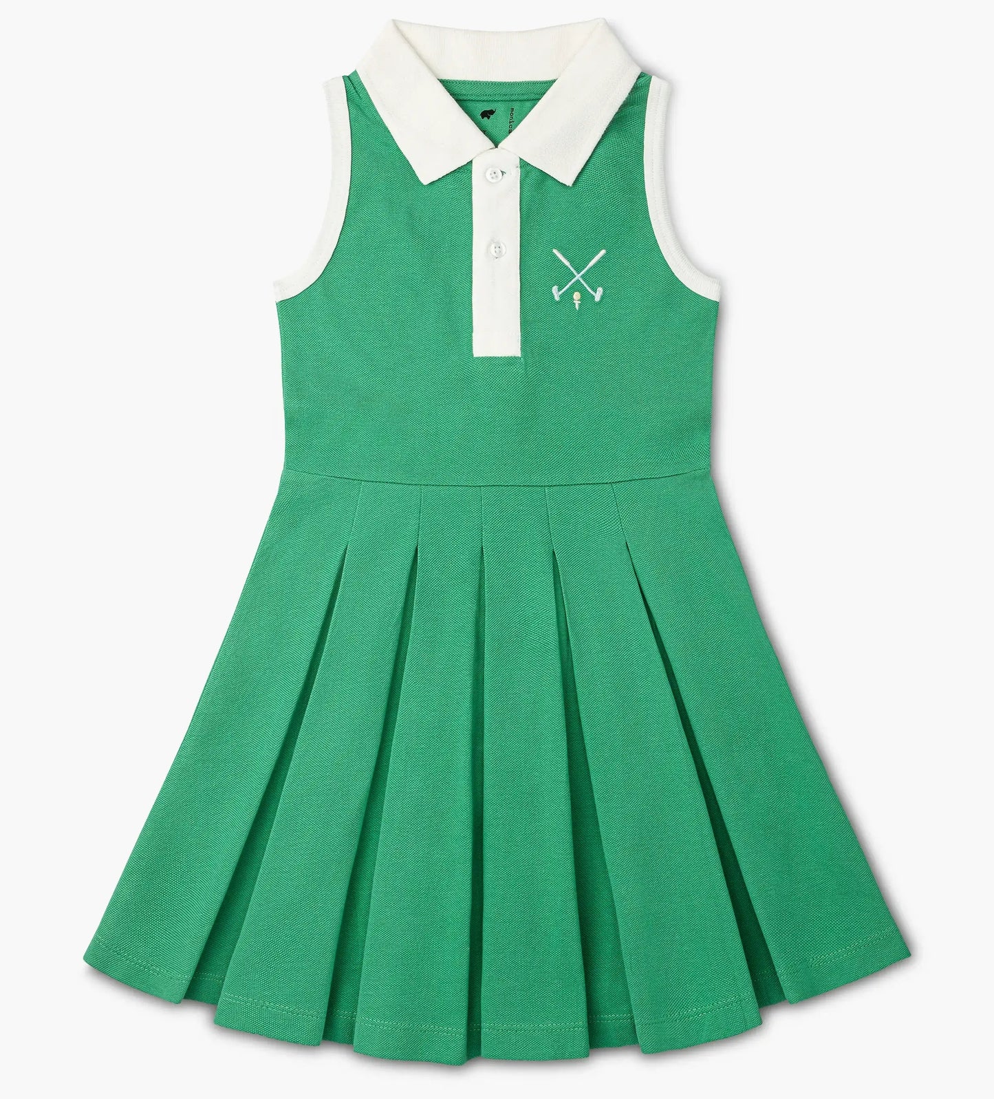 Girls sleeveless, green, pleated golf dress. White trim around arms, fold-over collar, and 3 button closure.